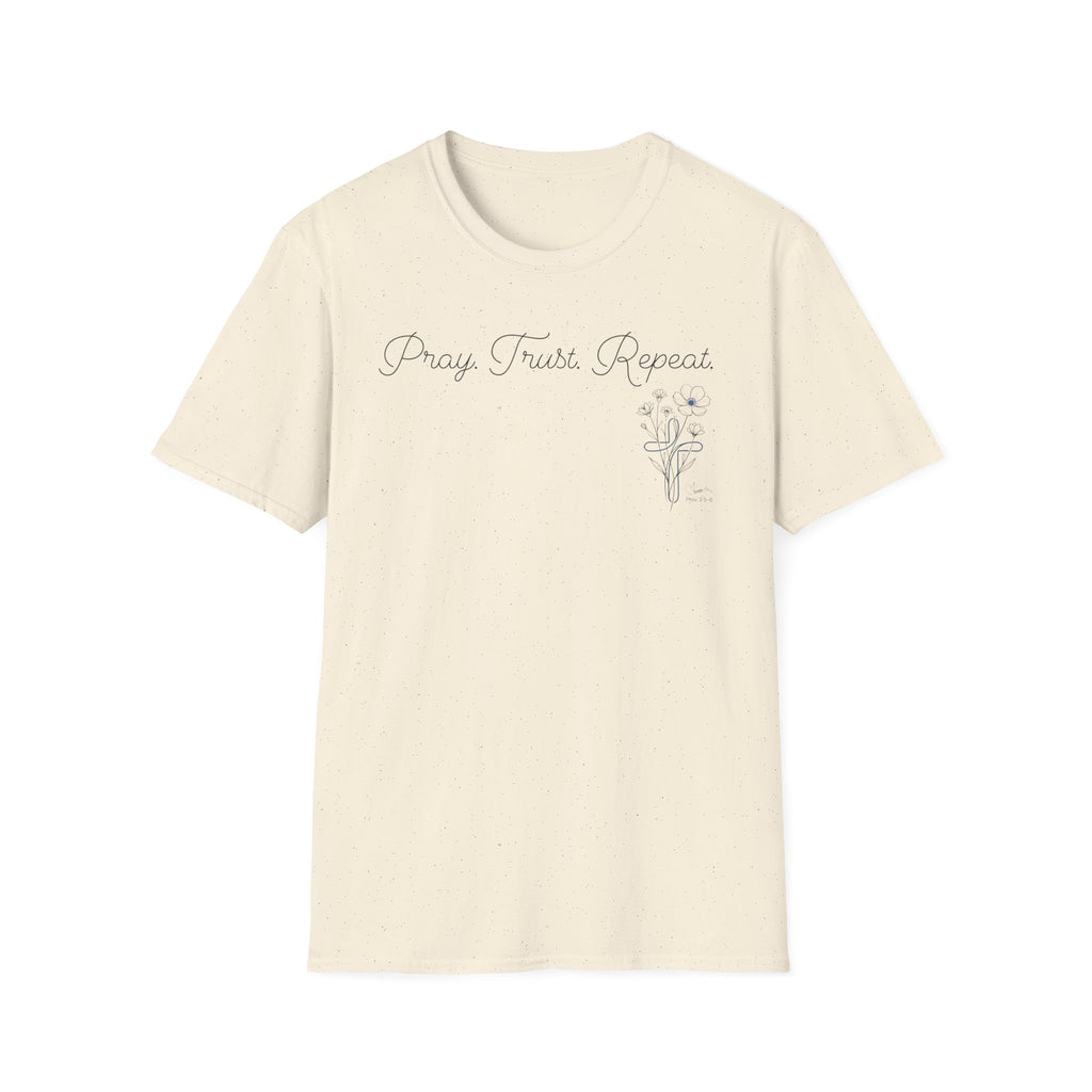 Pray Trust Repeat Cursive Flower Blue Cross - T-Shirt