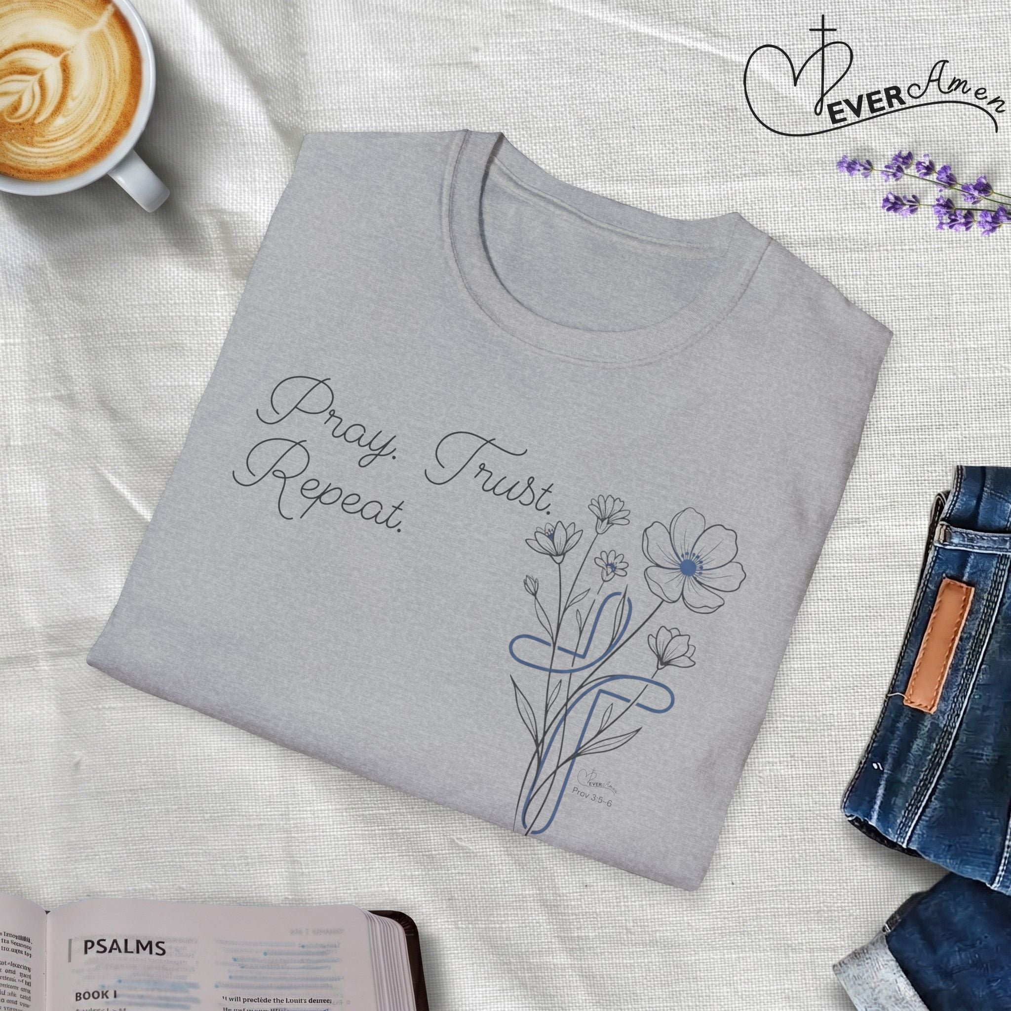 Pray Trust Repeat Cursive 2 line Flower Blue Cross - T-Shirt