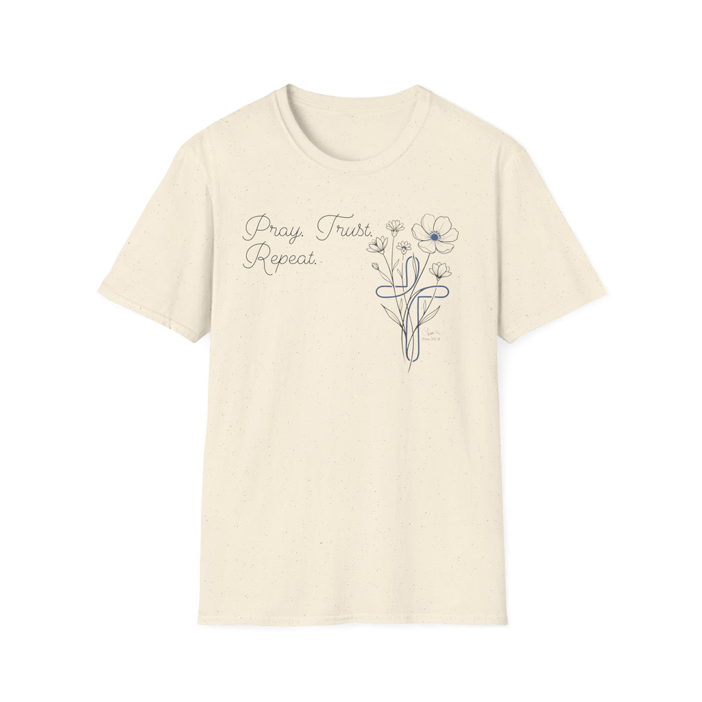 Pray Trust Repeat Cursive 2 line Flower Blue Cross - T-Shirt