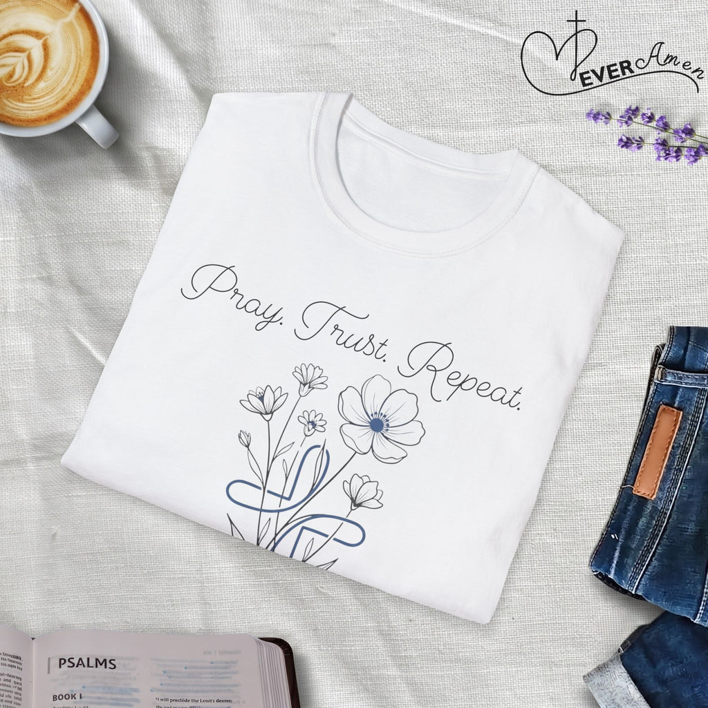 Pray Trust Repeat Flower Blue Cross - T-Shirt