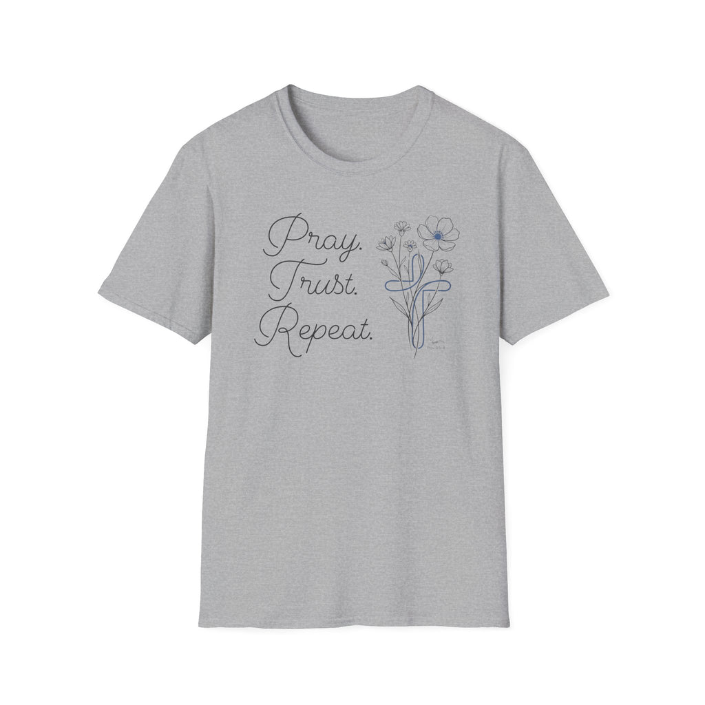 Pray Trust Repeat Flowers Blue Cross Stacked - T-Shirt