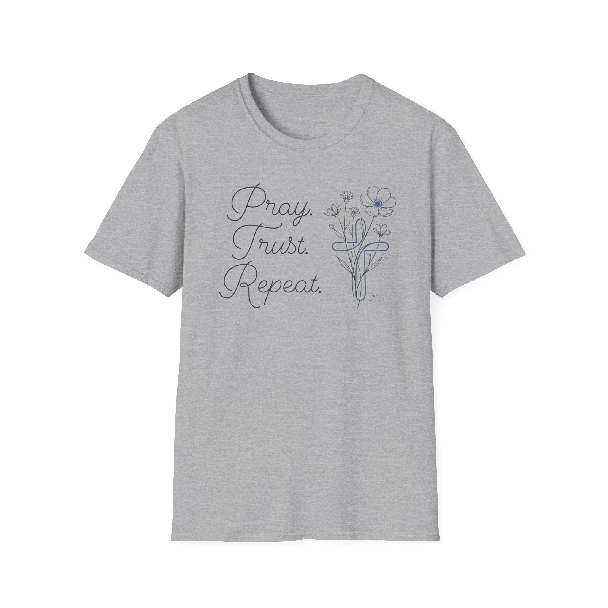 Pray Trust Repeat Flowers Blue Cross Stacked - T-Shirt
