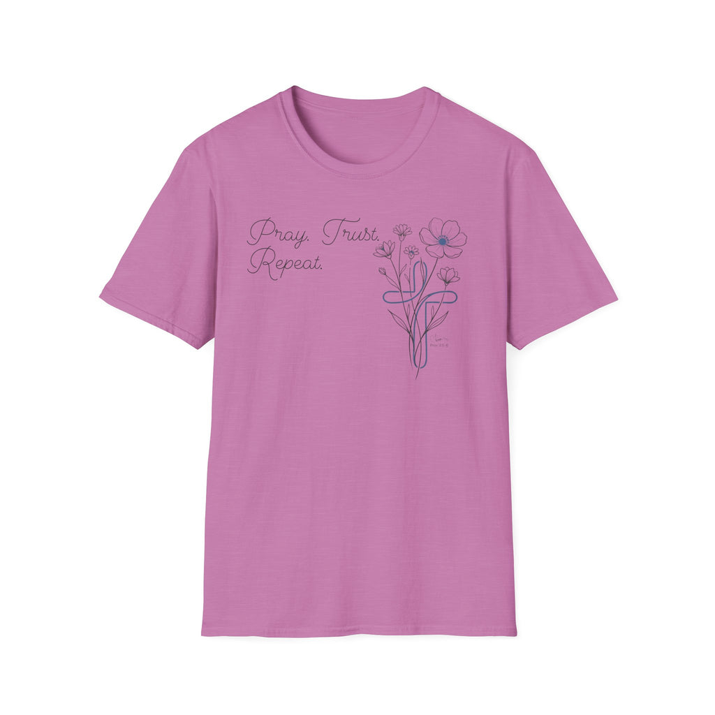 Pray Trust Repeat Cursive 2 line Flower Blue Cross - T-Shirt
