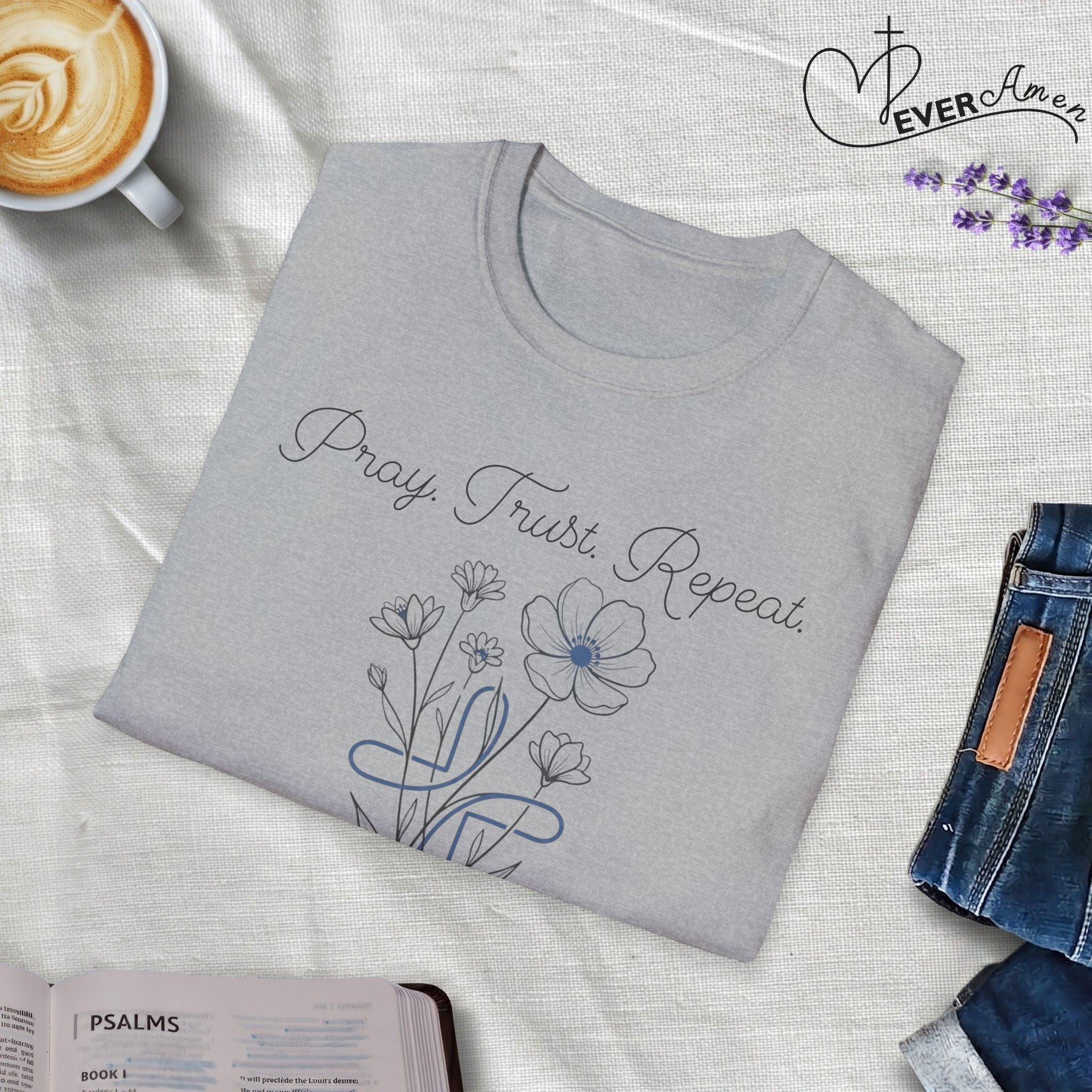 Pray Trust Repeat Flower Blue Cross - T-Shirt