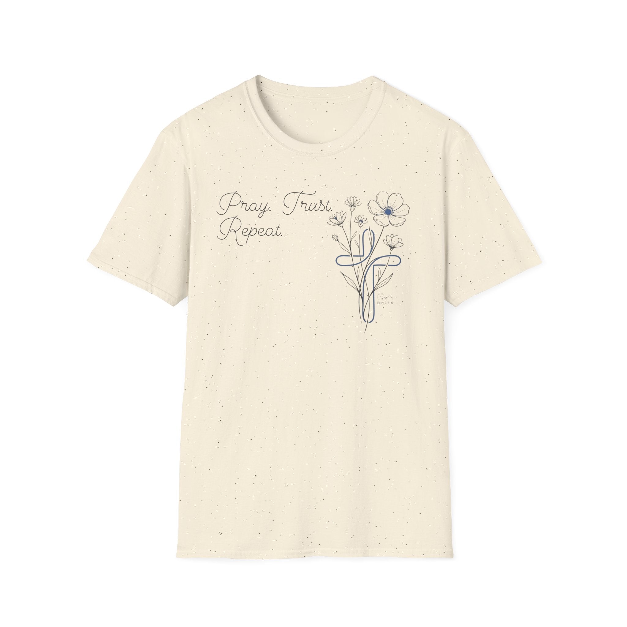 Pray Trust Repeat Cursive 2 line Flower Blue Cross - T-Shirt