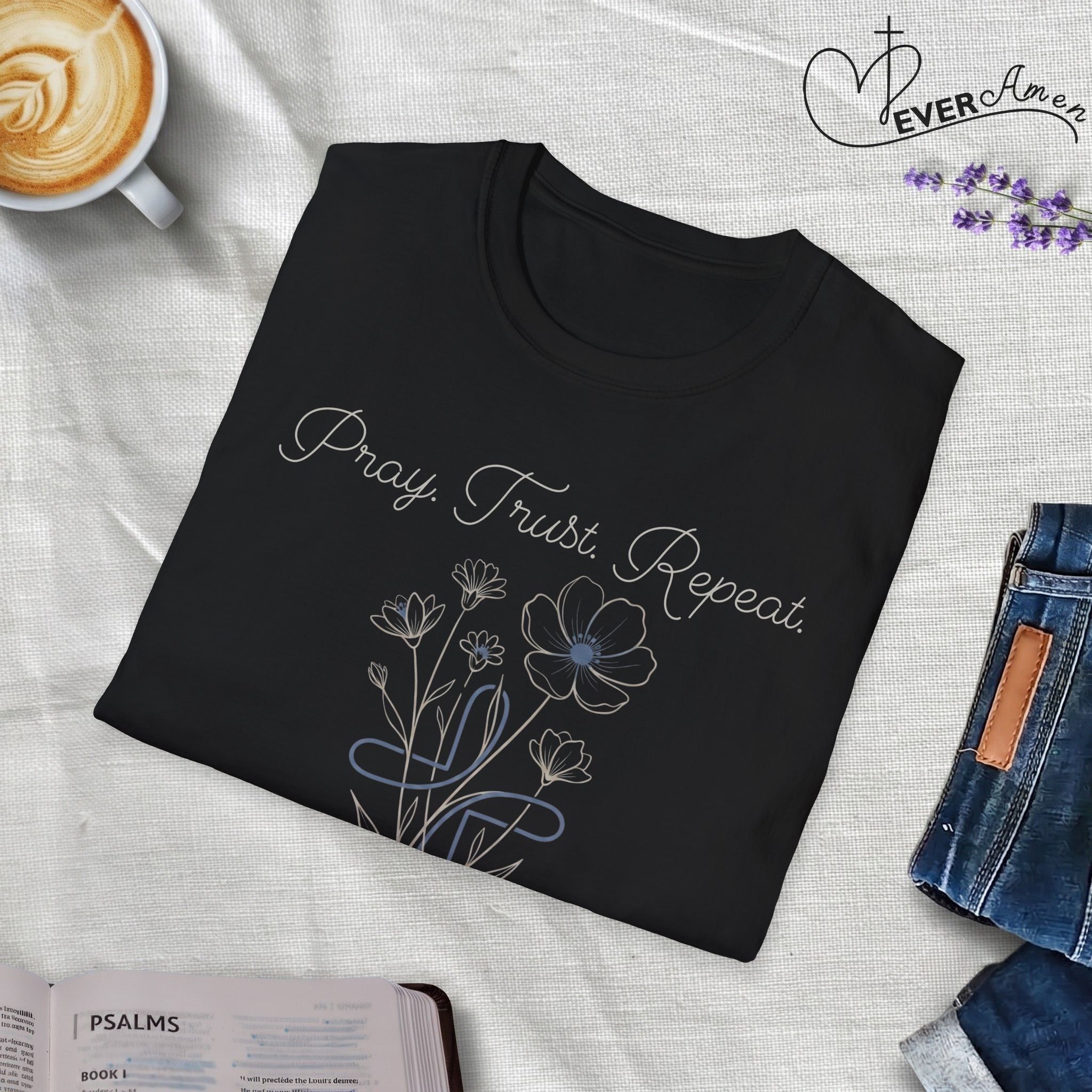 Pray Trust Repeat Flower Blue Cross - T-Shirt