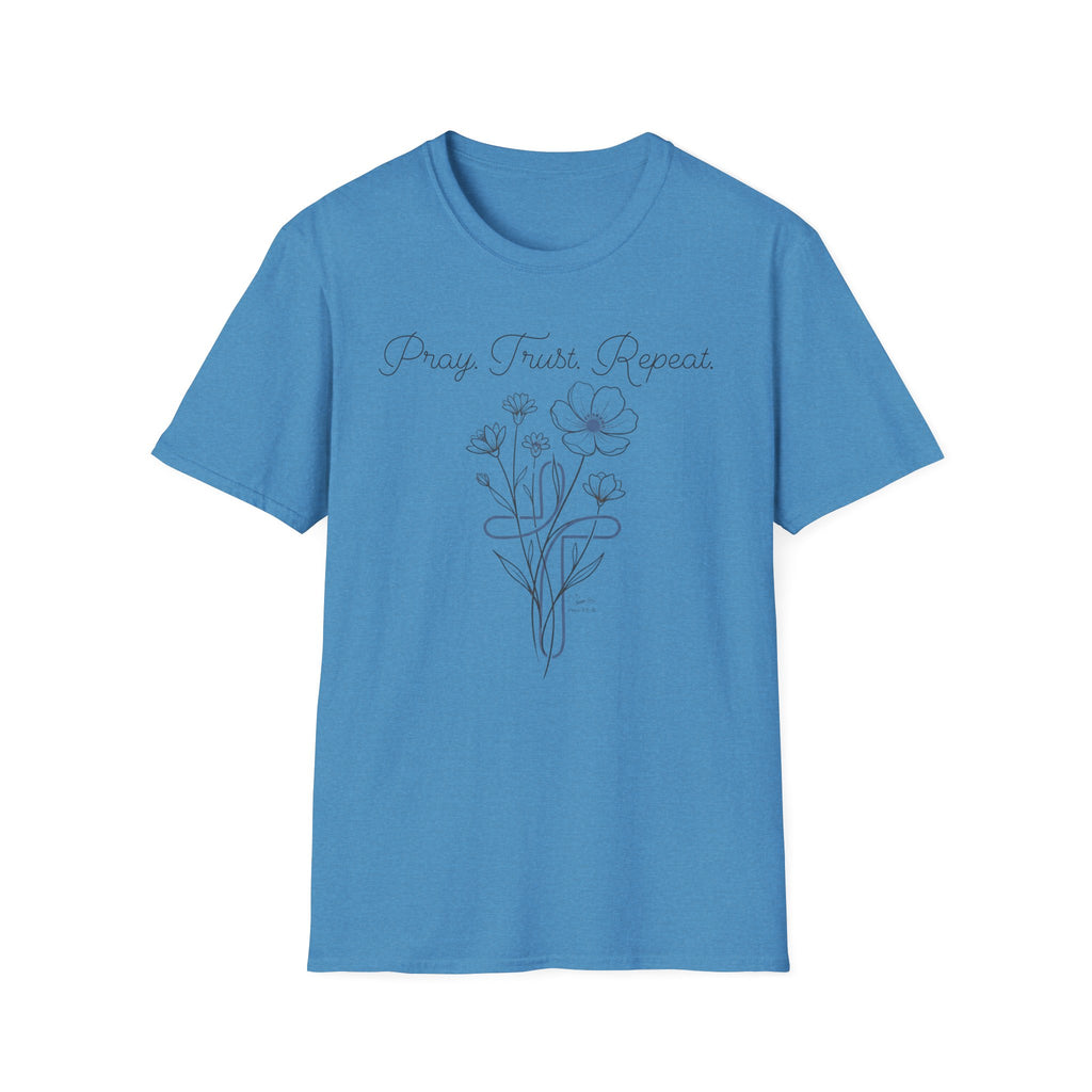 Pray Trust Repeat Flower Blue Cross - T-Shirt