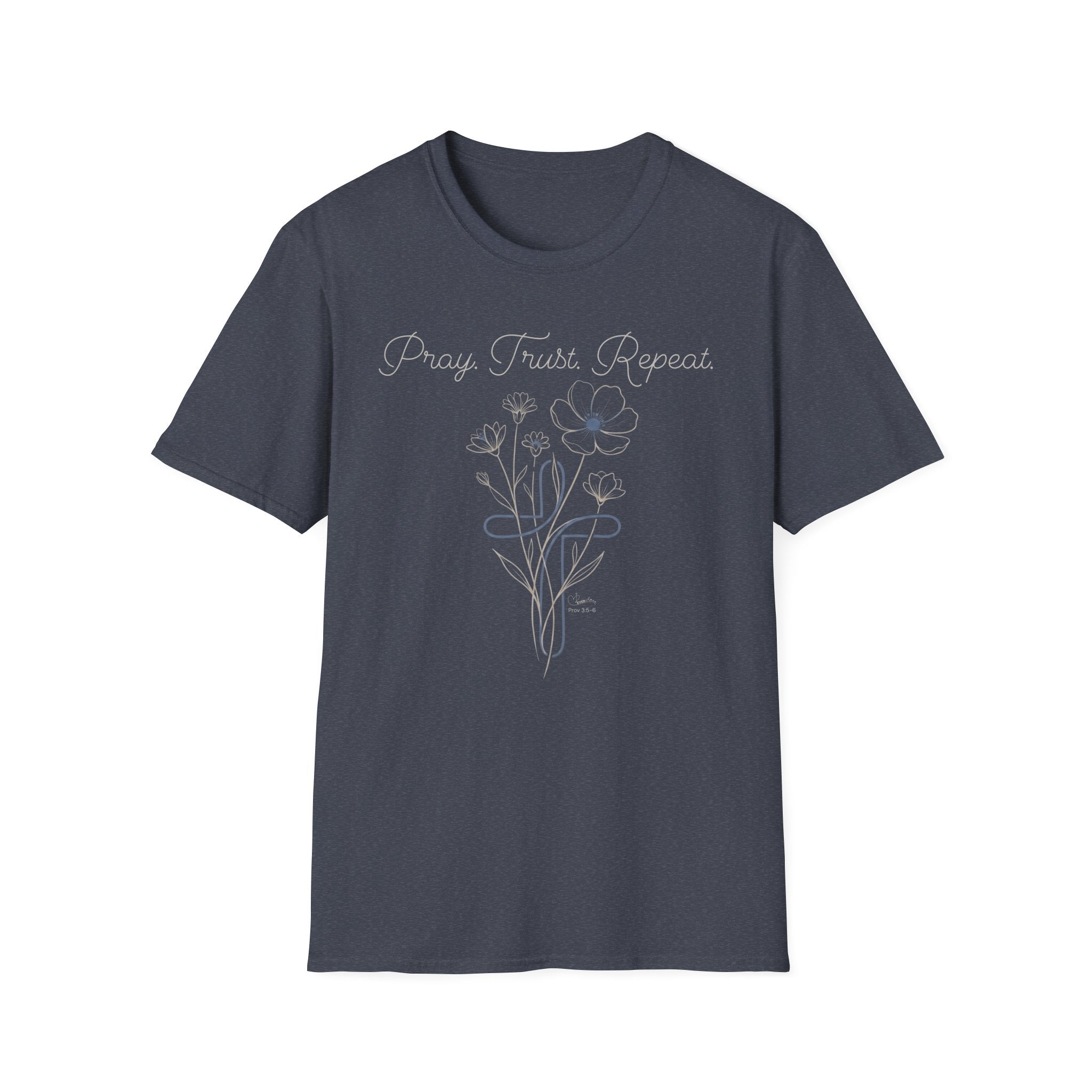Pray Trust Repeat Flower Blue Cross - T-Shirt