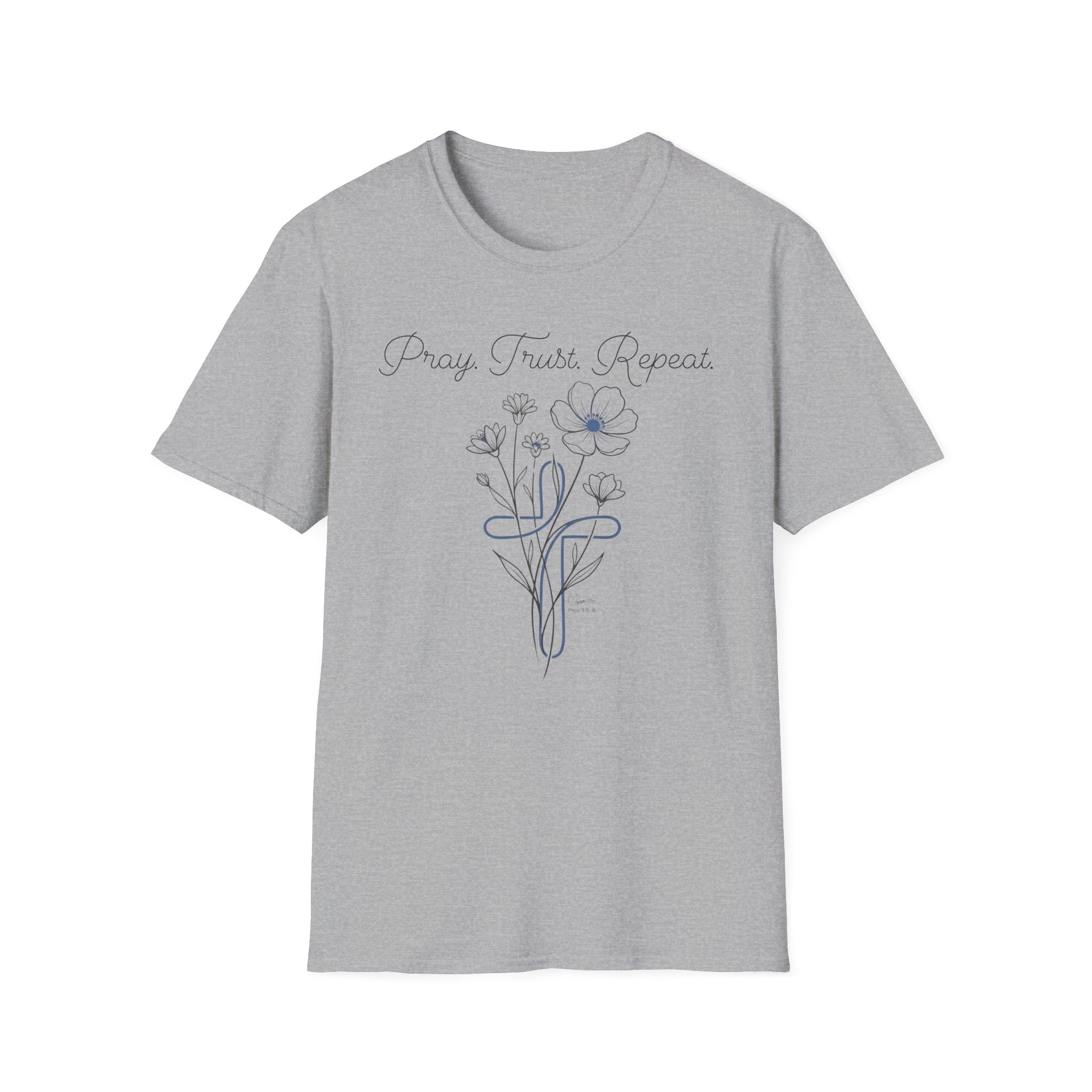 Pray Trust Repeat Flower Blue Cross - T-Shirt