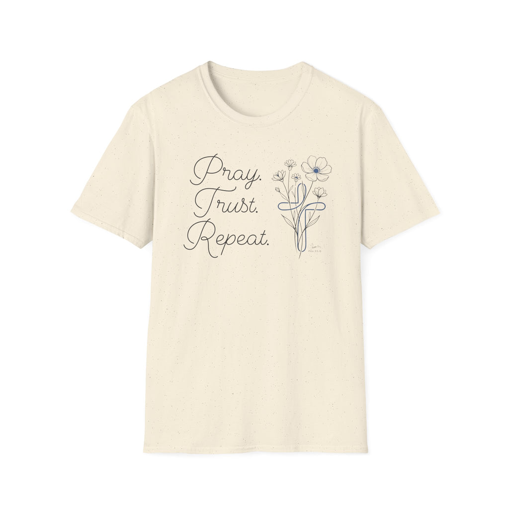 Pray Trust Repeat Flowers Blue Cross Stacked - T-Shirt