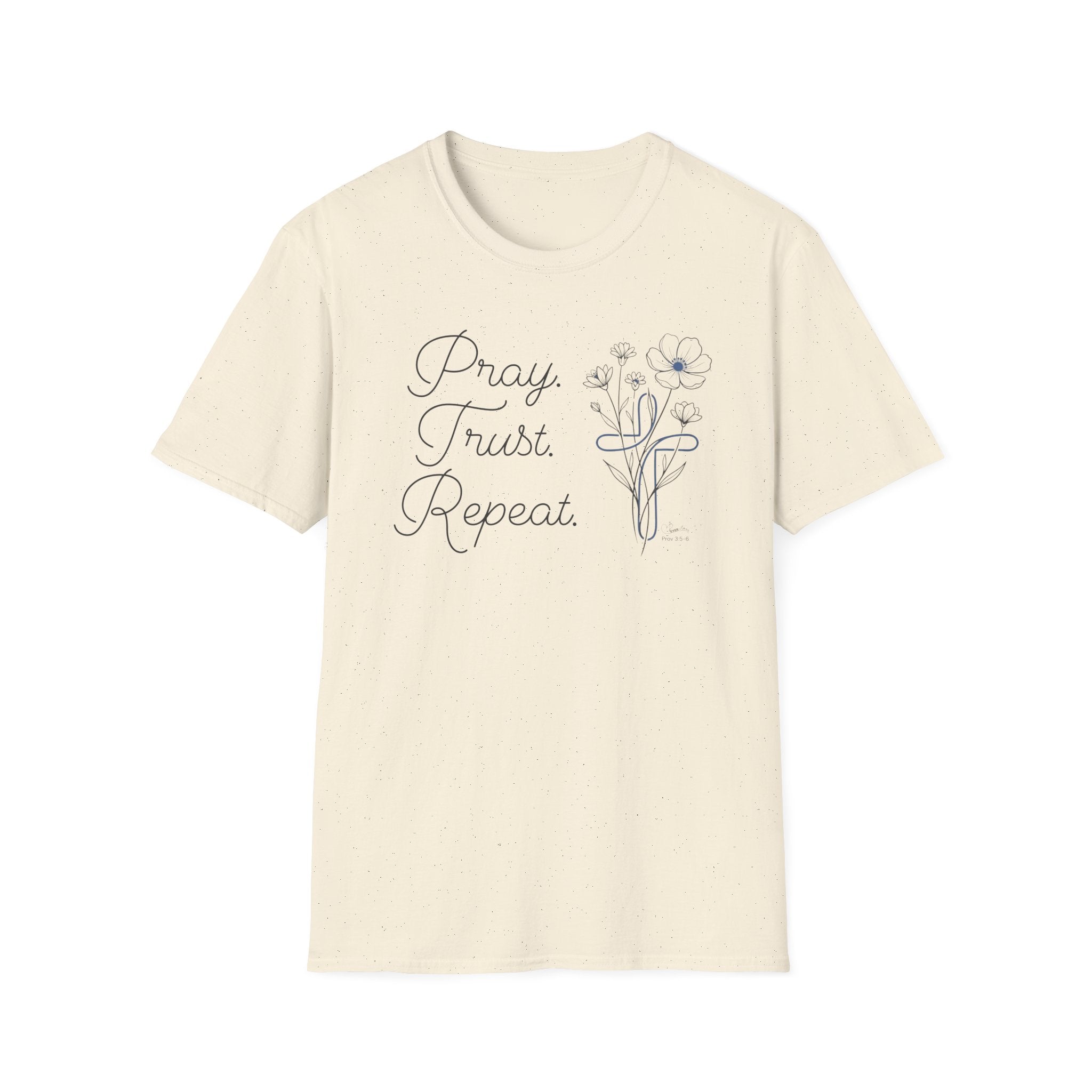 Pray Trust Repeat Flowers Blue Cross Stacked - T-Shirt