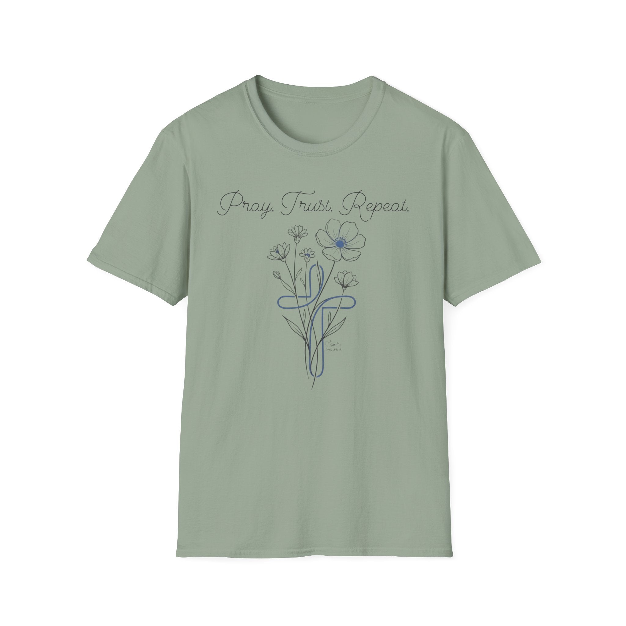Pray Trust Repeat Flower Blue Cross - T-Shirt