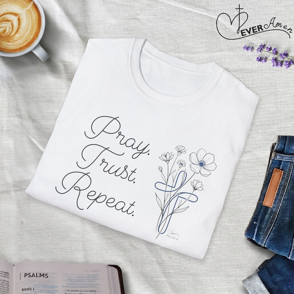 Pray Trust Repeat Flowers Blue Cross Stacked - T-Shirt