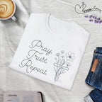 Pray Trust Repeat Flowers Blue Cross Stacked - T-Shirt