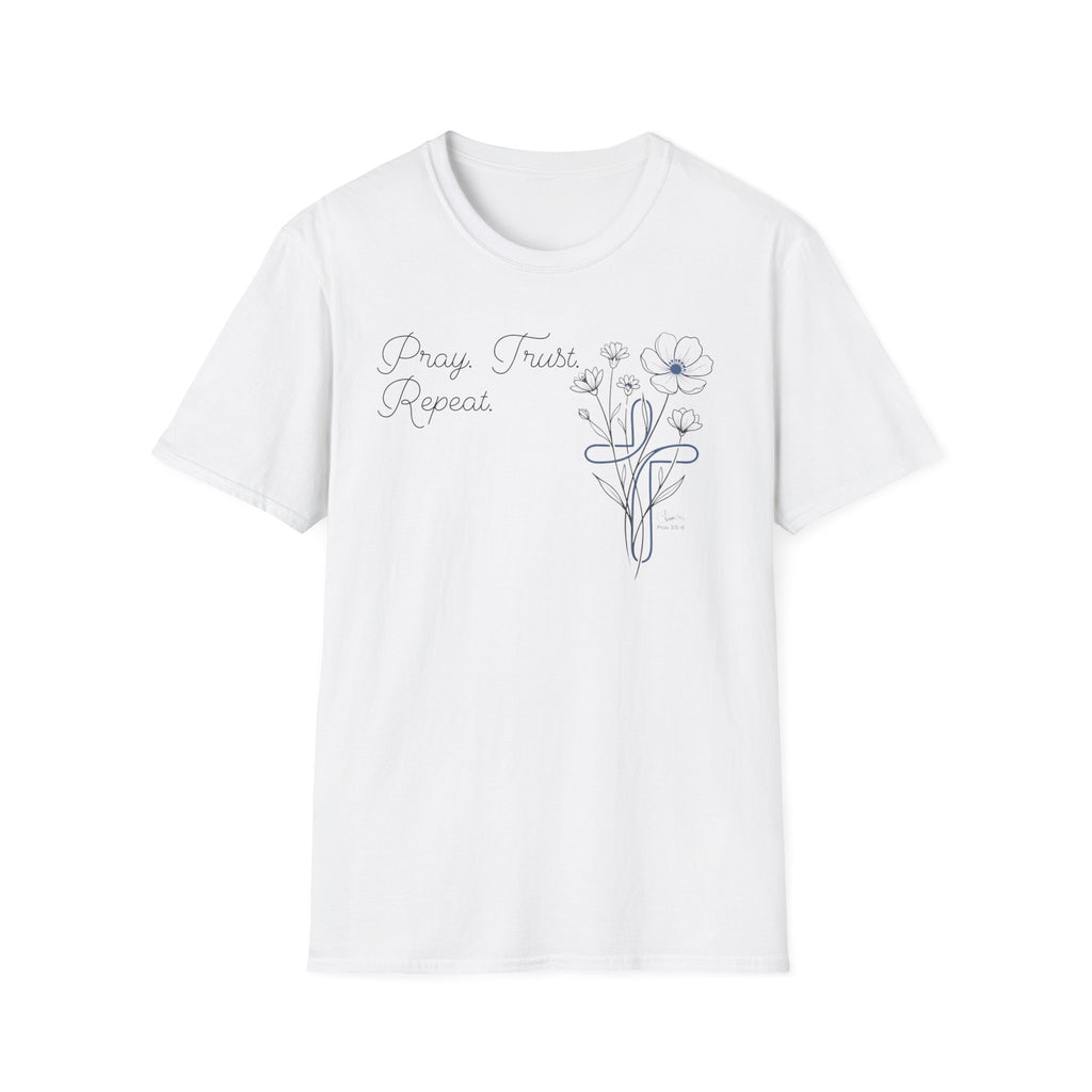 Pray Trust Repeat Cursive 2 line Flower Blue Cross - T-Shirt