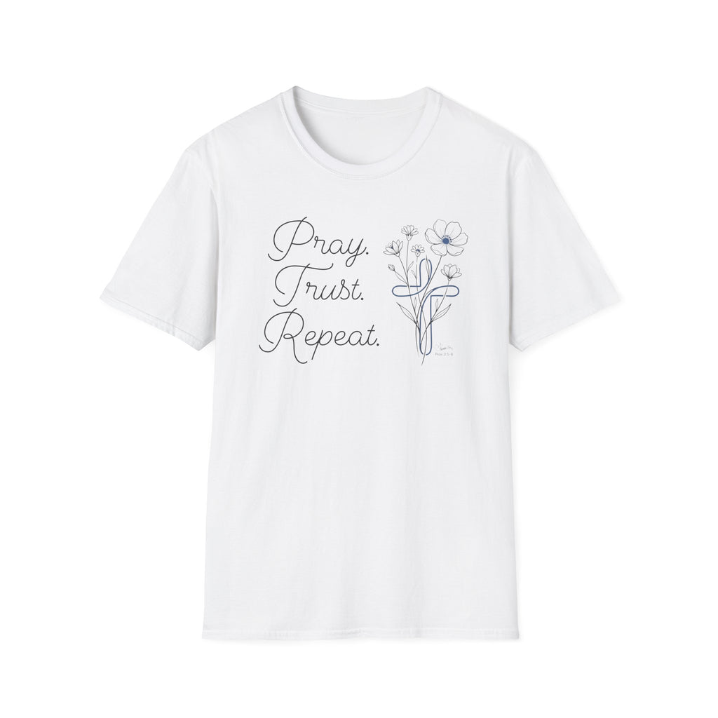 Pray Trust Repeat Flowers Blue Cross Stacked - T-Shirt