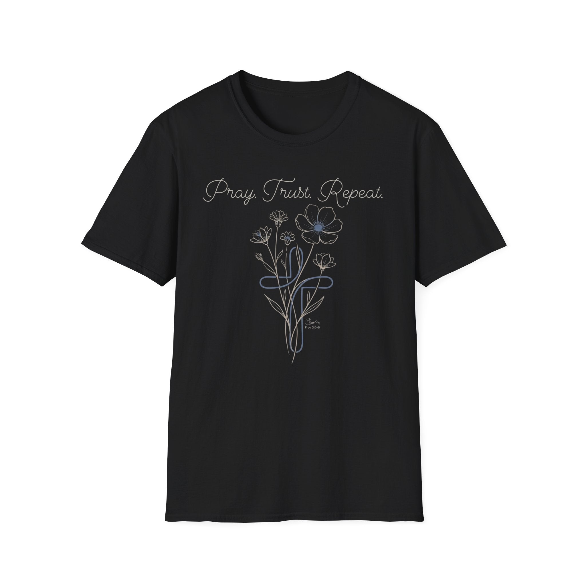 Pray Trust Repeat Flower Blue Cross - T-Shirt
