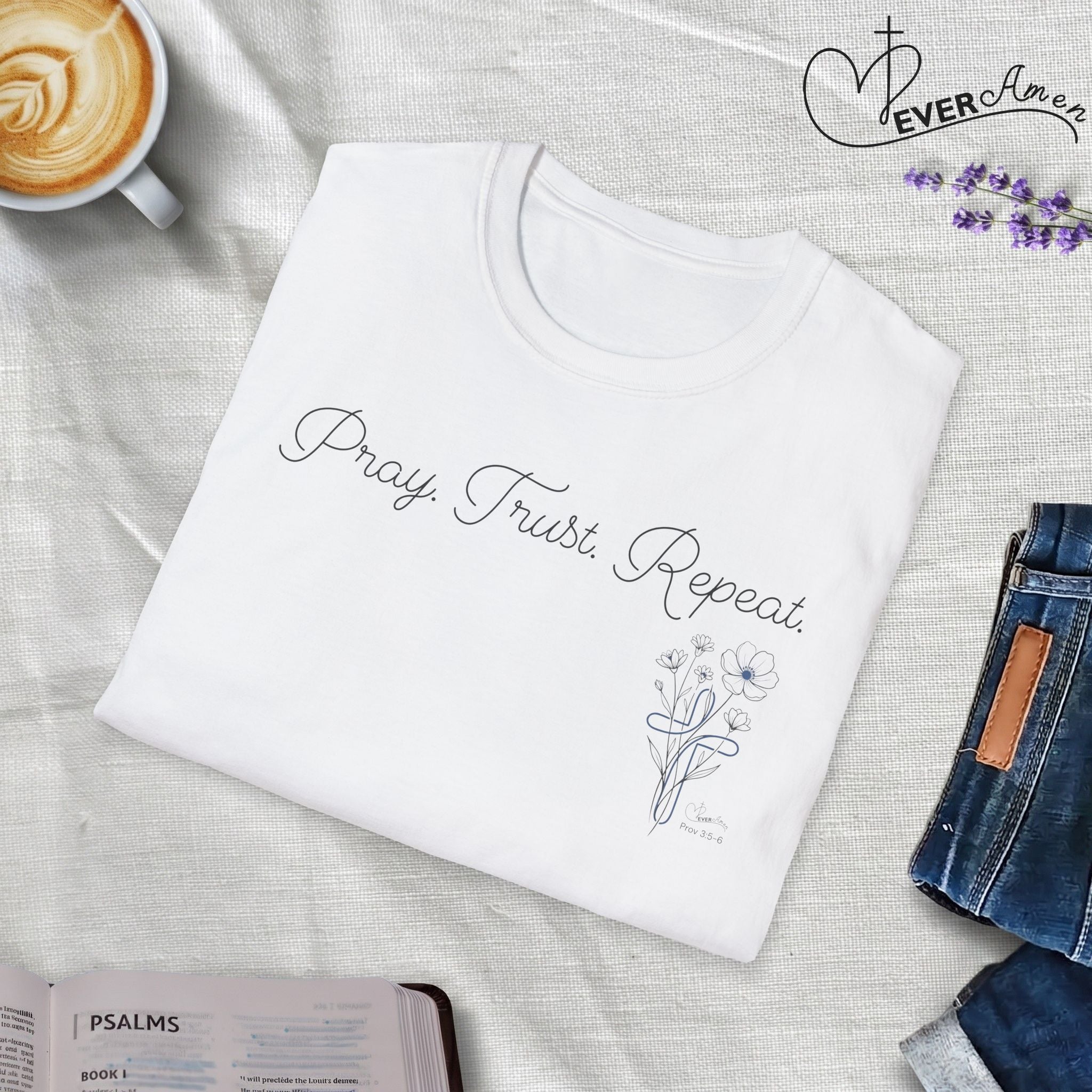 Pray Trust Repeat Cursive Flower Blue Cross - T-Shirt