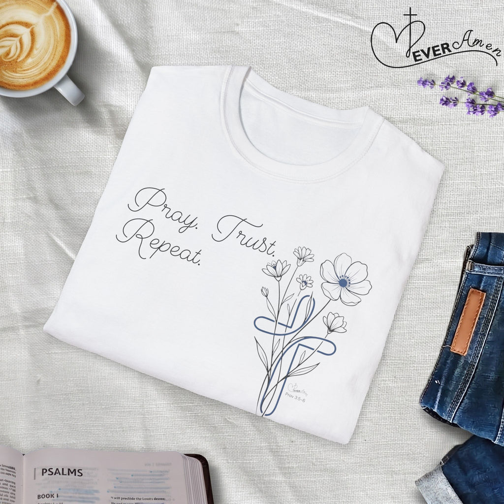 Pray Trust Repeat Cursive 2 line Flower Blue Cross - T-Shirt
