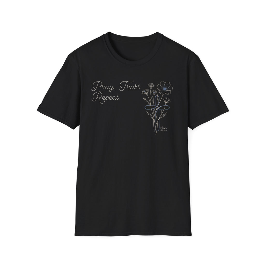 Pray Trust Repeat Cursive 2 line Flower Blue Cross - T-Shirt