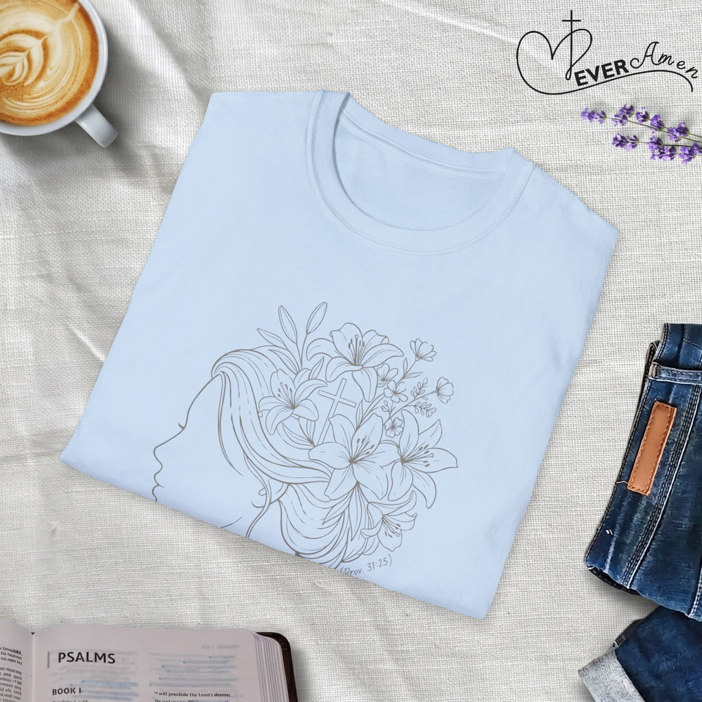 Clothed in strength flower hair - T-Shirt
