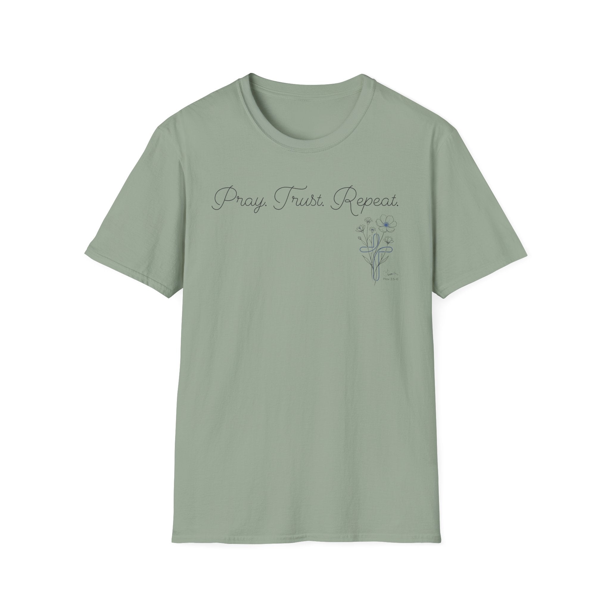 Pray Trust Repeat Cursive Flower Blue Cross - T-Shirt
