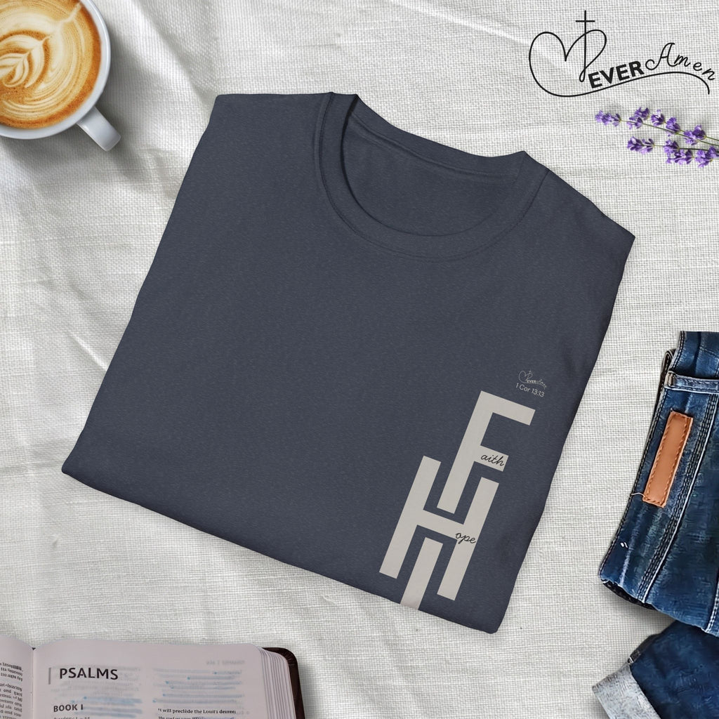Faith Hope Love Stacked with Words pocket- T-Shirt