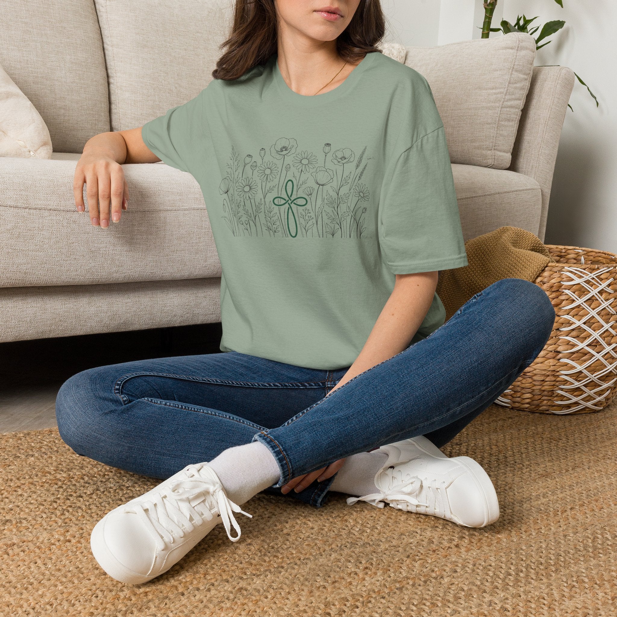 Field of Flowers Green Cross - T-Shirt