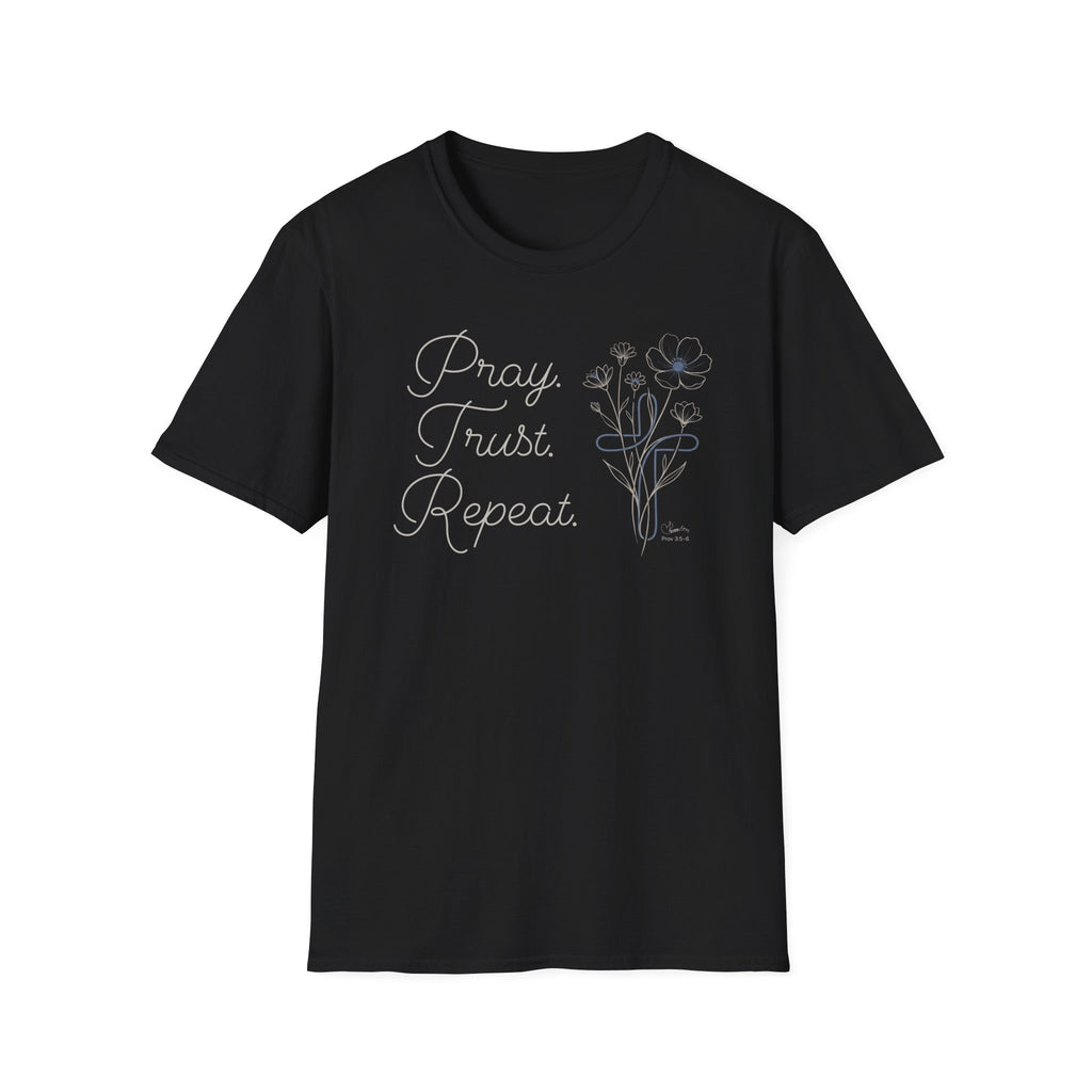 Pray Trust Repeat Flowers Blue Cross Stacked - T-Shirt