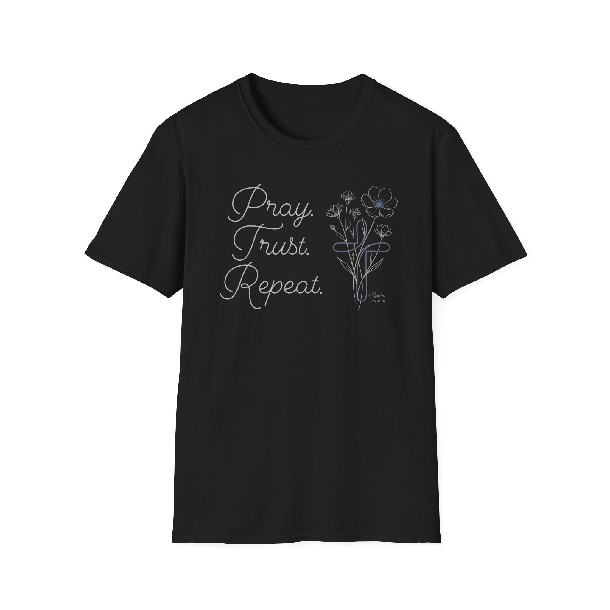 Pray Trust Repeat Flowers Blue Cross Stacked - T-Shirt