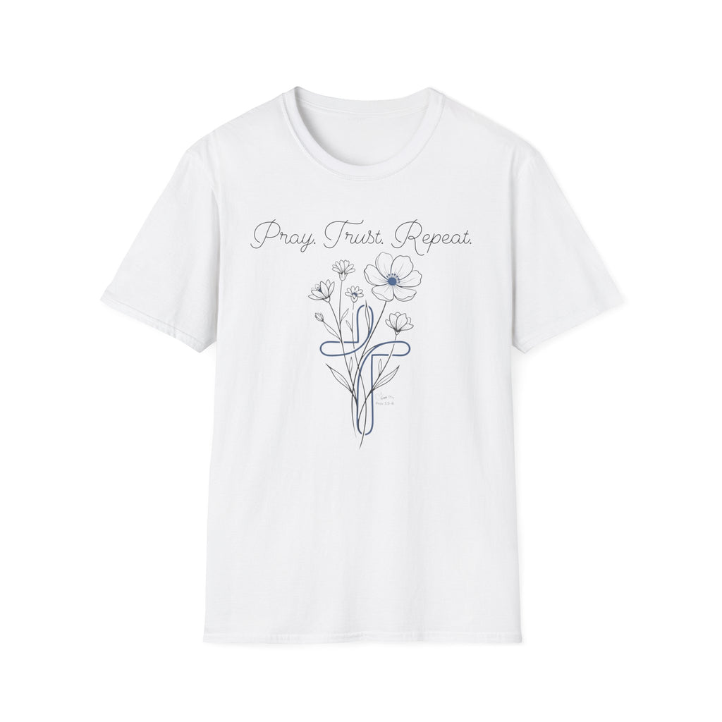 Pray Trust Repeat Flower Blue Cross - T-Shirt