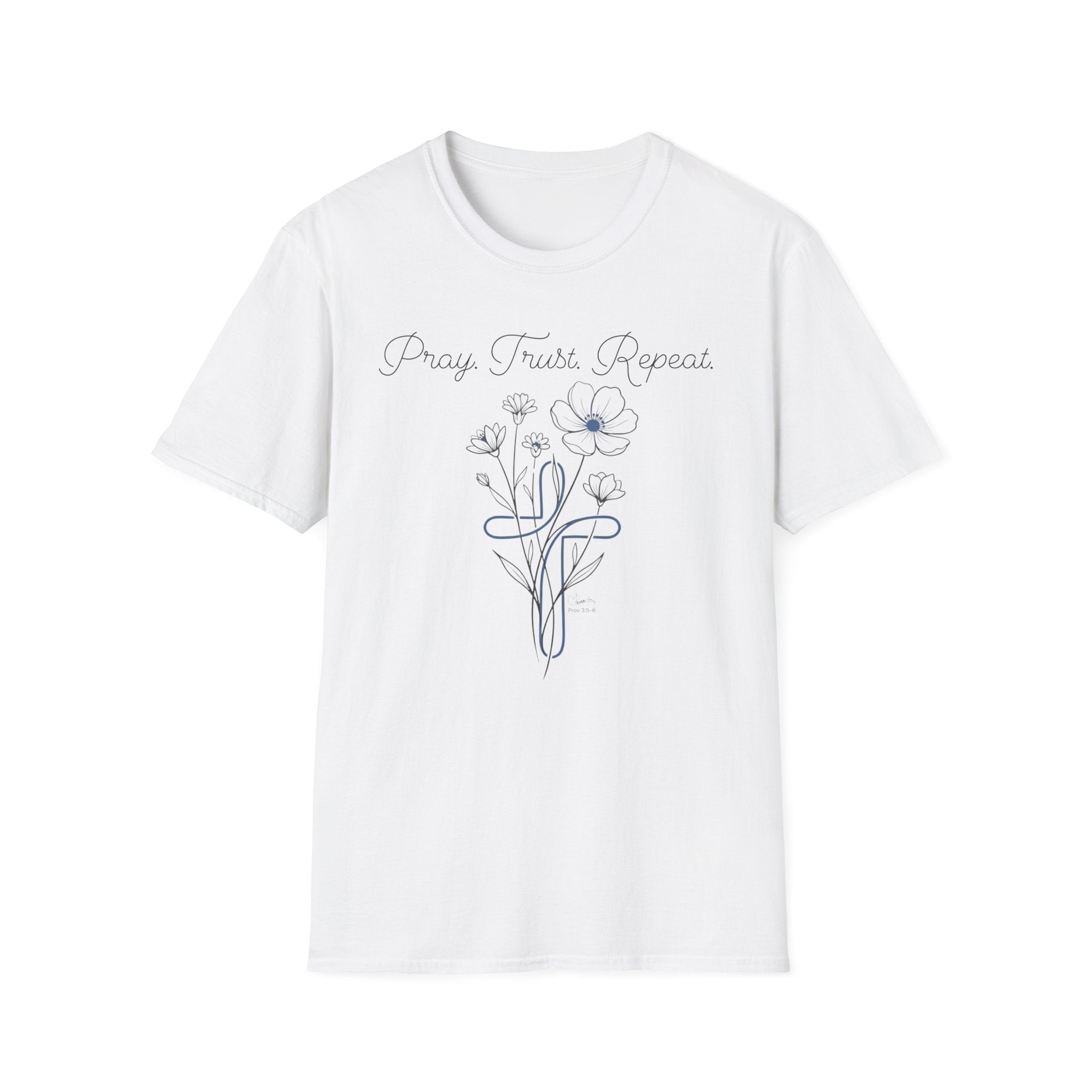 Pray Trust Repeat Flower Blue Cross - T-Shirt