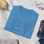 Pray Trust Repeat Flowers Blue Cross Stacked - T-Shirt