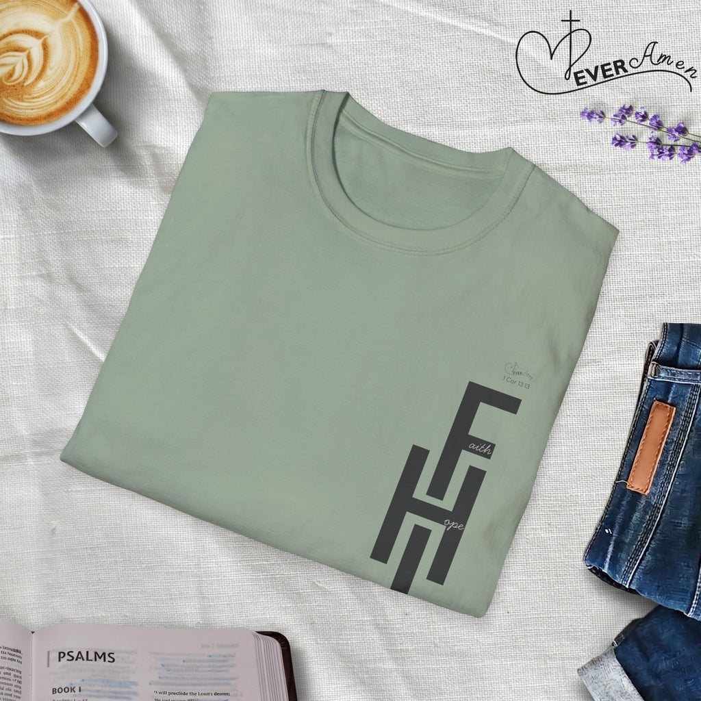 Faith Hope Love Stacked with Words pocket- T-Shirt