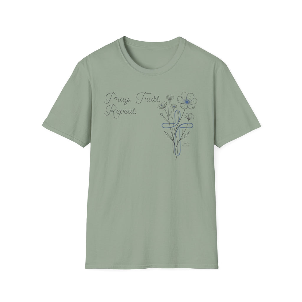 Pray Trust Repeat Cursive 2 line Flower Blue Cross - T-Shirt