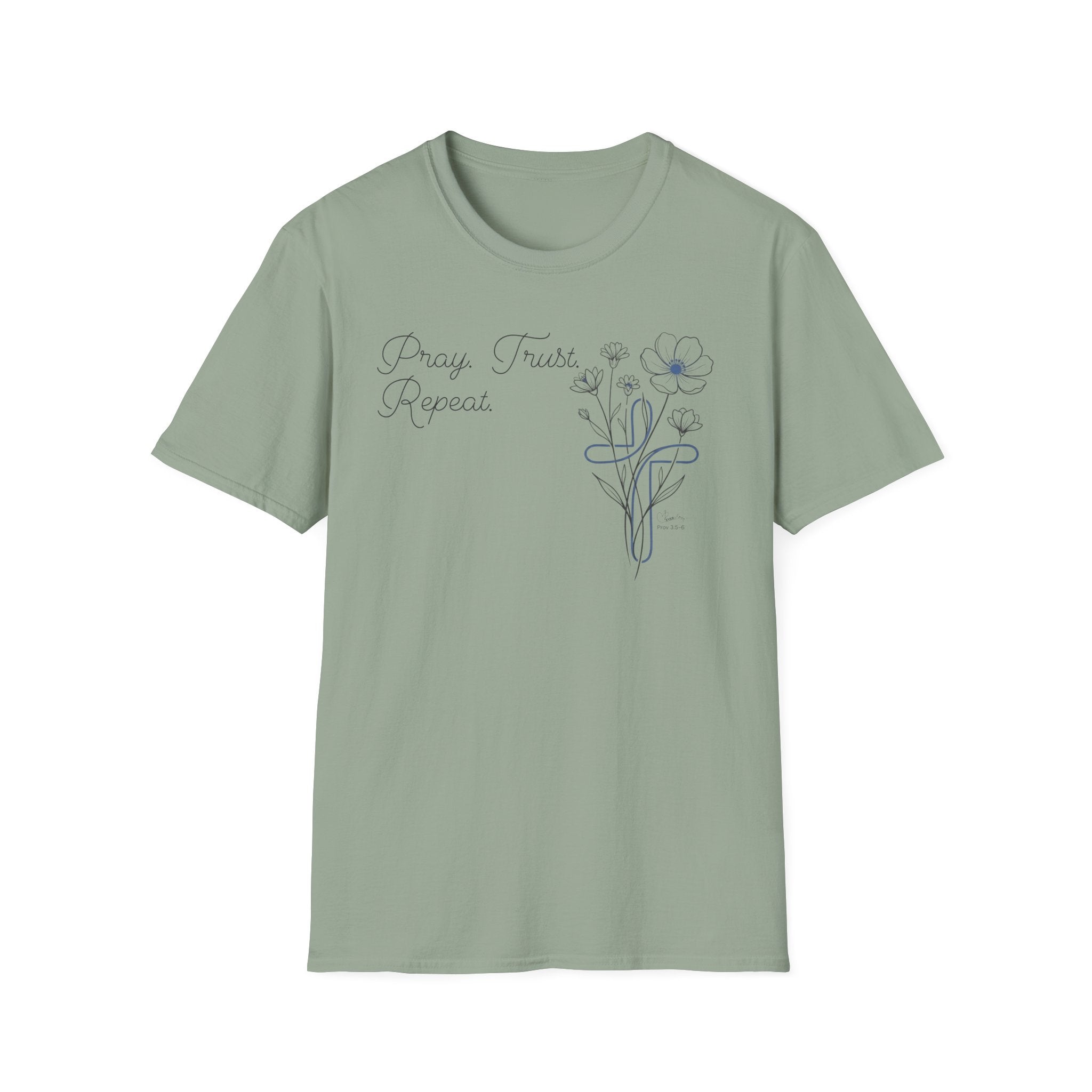 Pray Trust Repeat Cursive 2 line Flower Blue Cross - T-Shirt