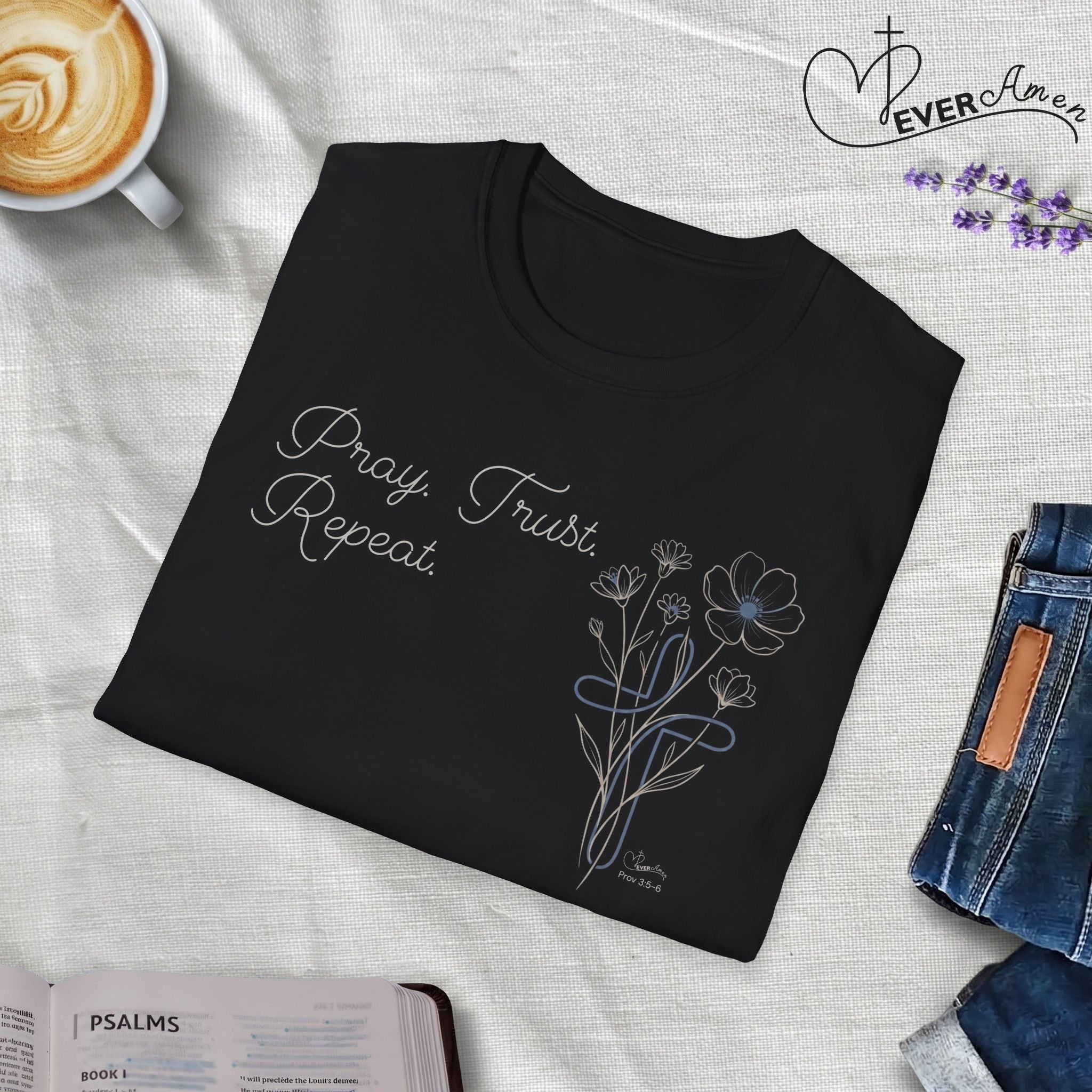 Pray Trust Repeat Cursive 2 line Flower Blue Cross - T-Shirt