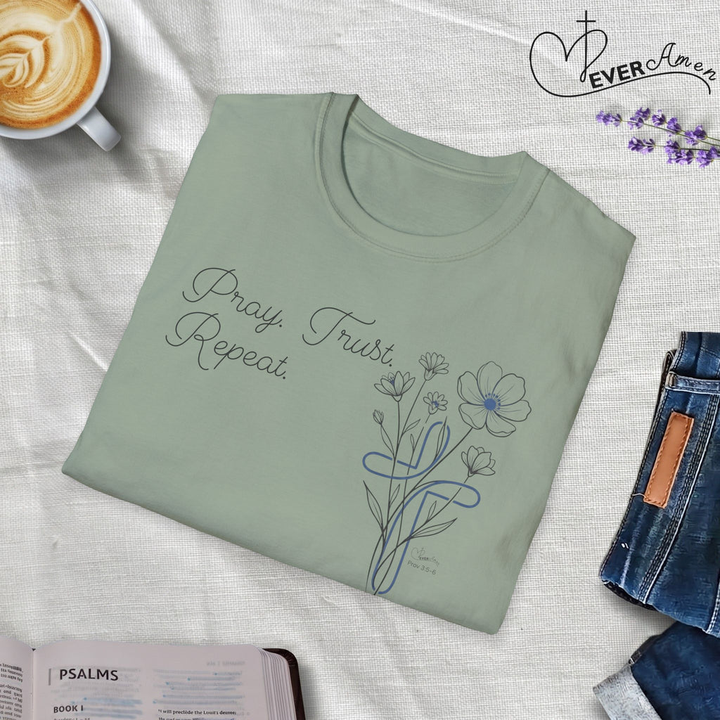 Pray Trust Repeat Cursive 2 line Flower Blue Cross - T-Shirt