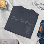 Pray Trust Repeat Cursive Flower Blue Cross - T-Shirt