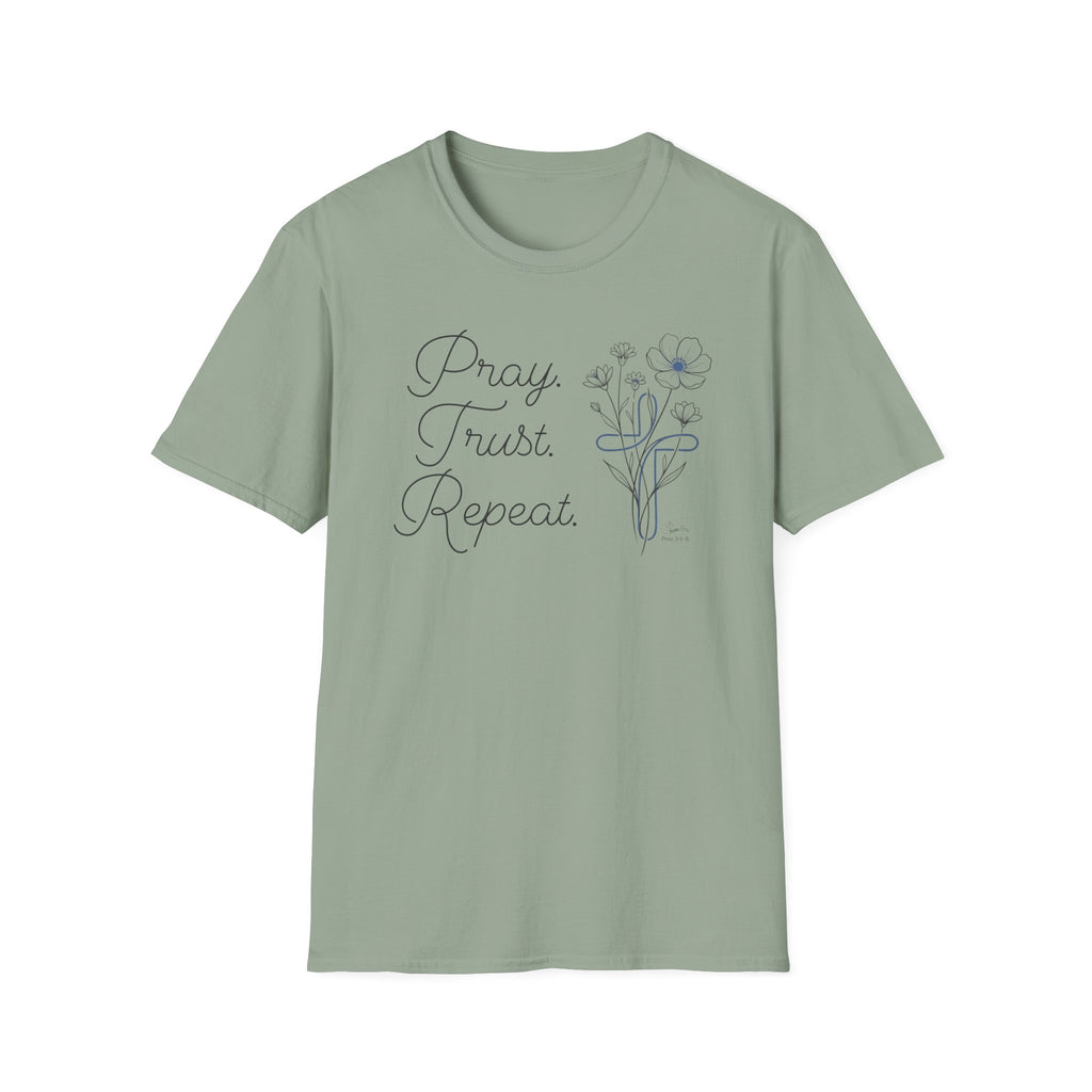 Pray Trust Repeat Flowers Blue Cross Stacked - T-Shirt