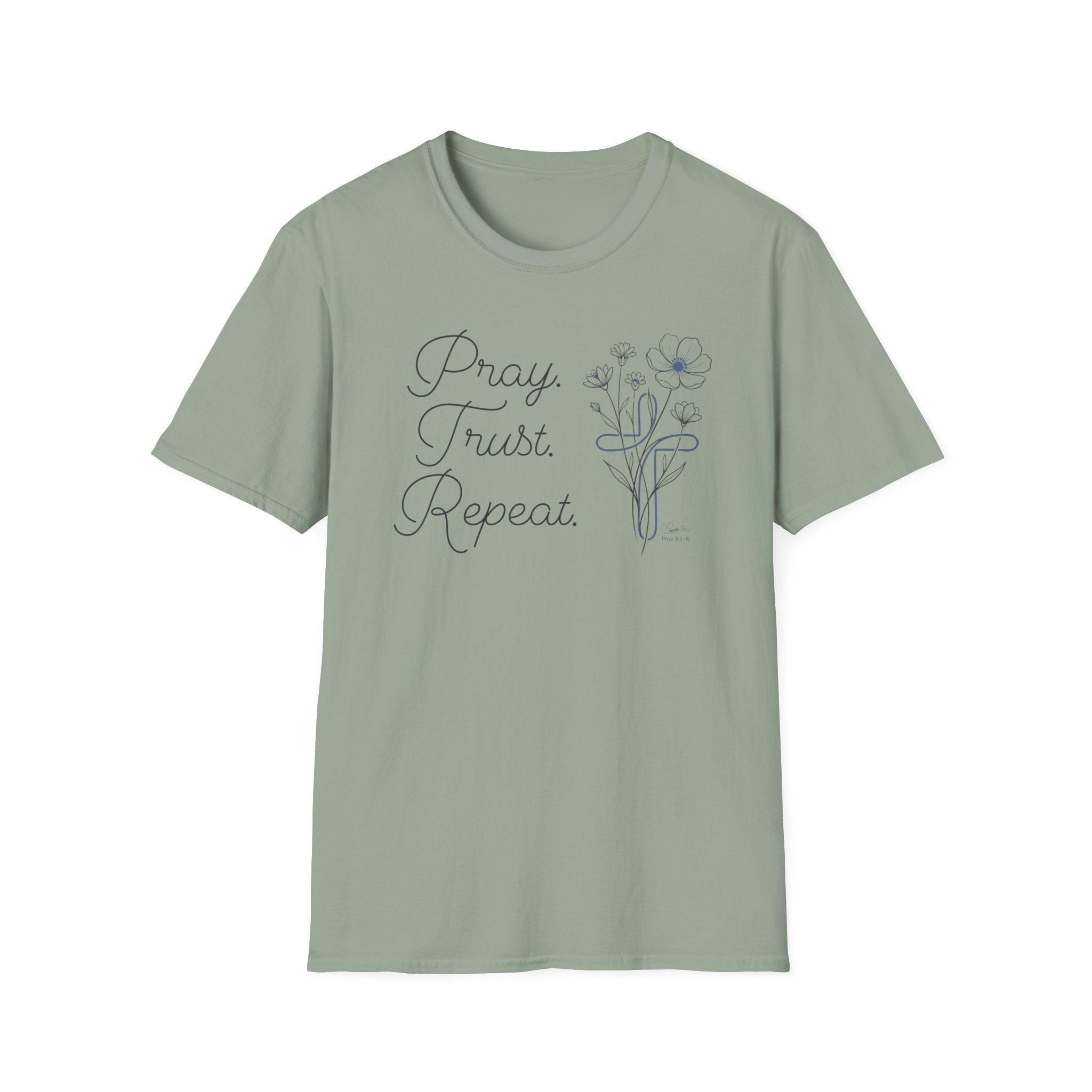 Pray Trust Repeat Flowers Blue Cross Stacked - T-Shirt