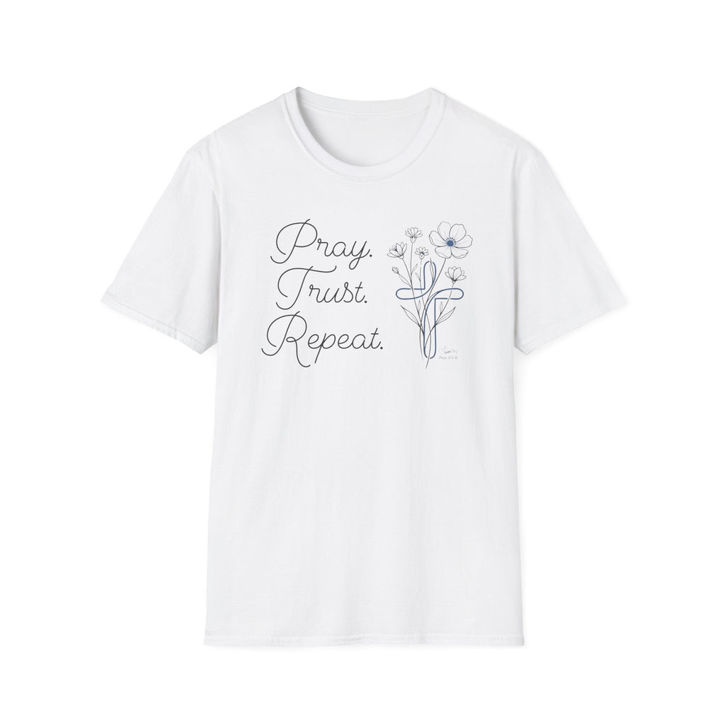Pray Trust Repeat Flowers Blue Cross Stacked - T-Shirt