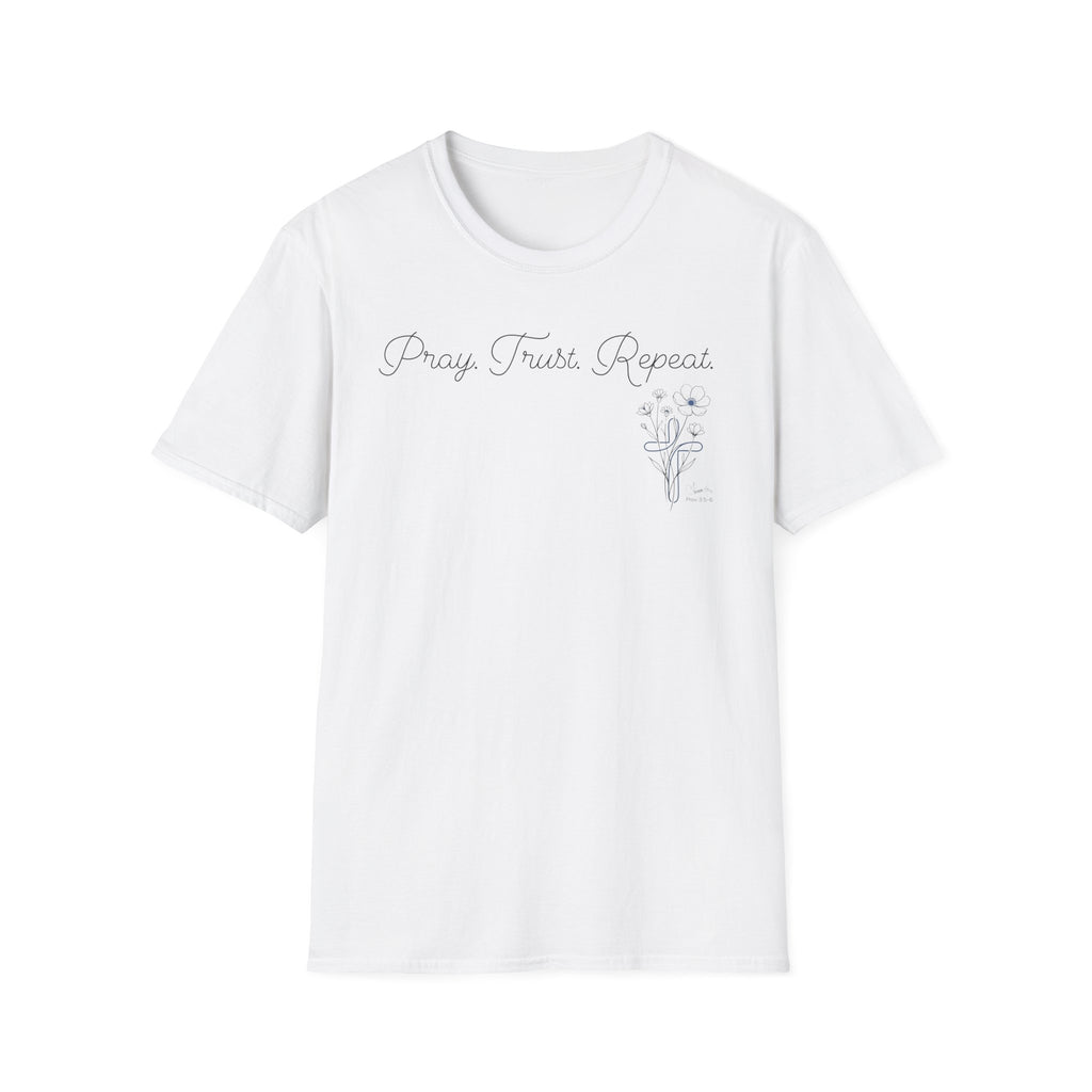 Pray Trust Repeat Cursive Flower Blue Cross - T-Shirt