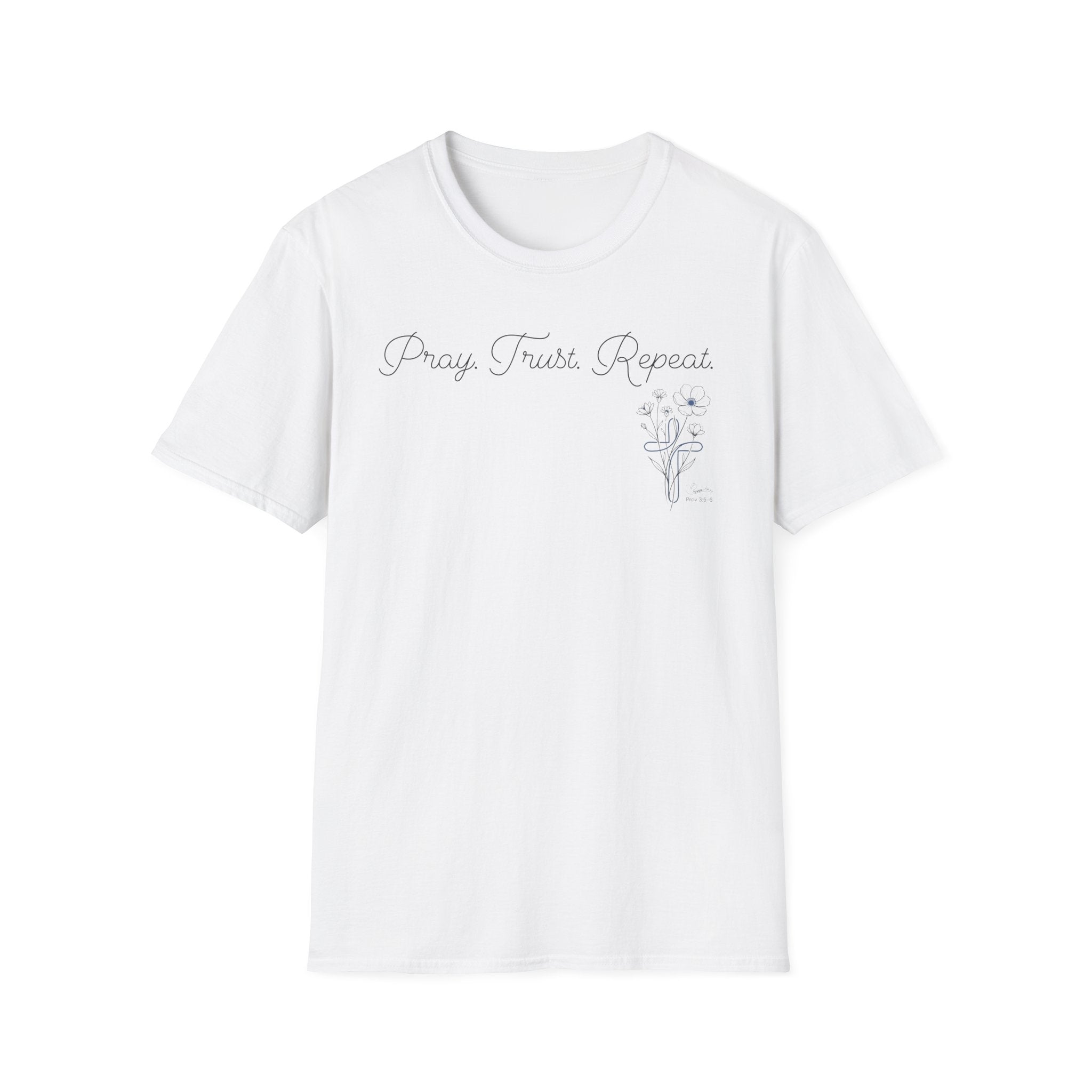 Pray Trust Repeat Cursive Flower Blue Cross - T-Shirt