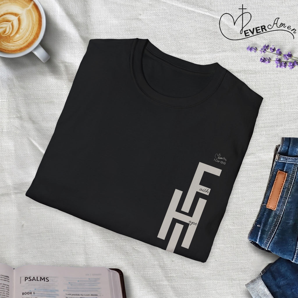 Faith Hope Love Stacked with Words pocket- T-Shirt