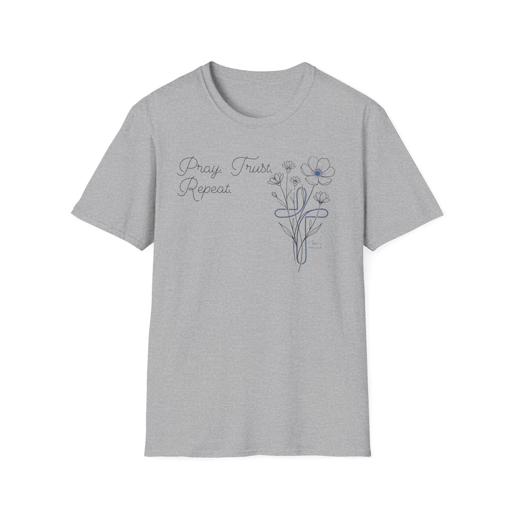 Pray Trust Repeat Cursive 2 line Flower Blue Cross - T-Shirt